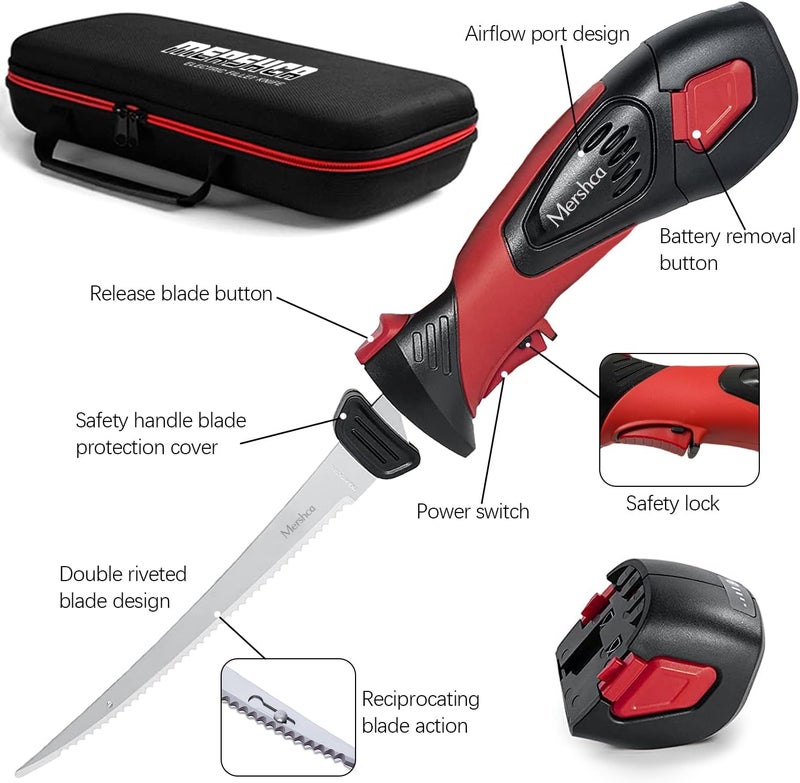 Mershca Cordless Electric Fillet Knife, with 5 Ti-Nitride S.S. Coated Non-Stick Reciprocating Blades & Cooling Hole Non-Slip Grip Handle & Practical handbag, Rechargeable Electric Knife for Fishing - Image 4